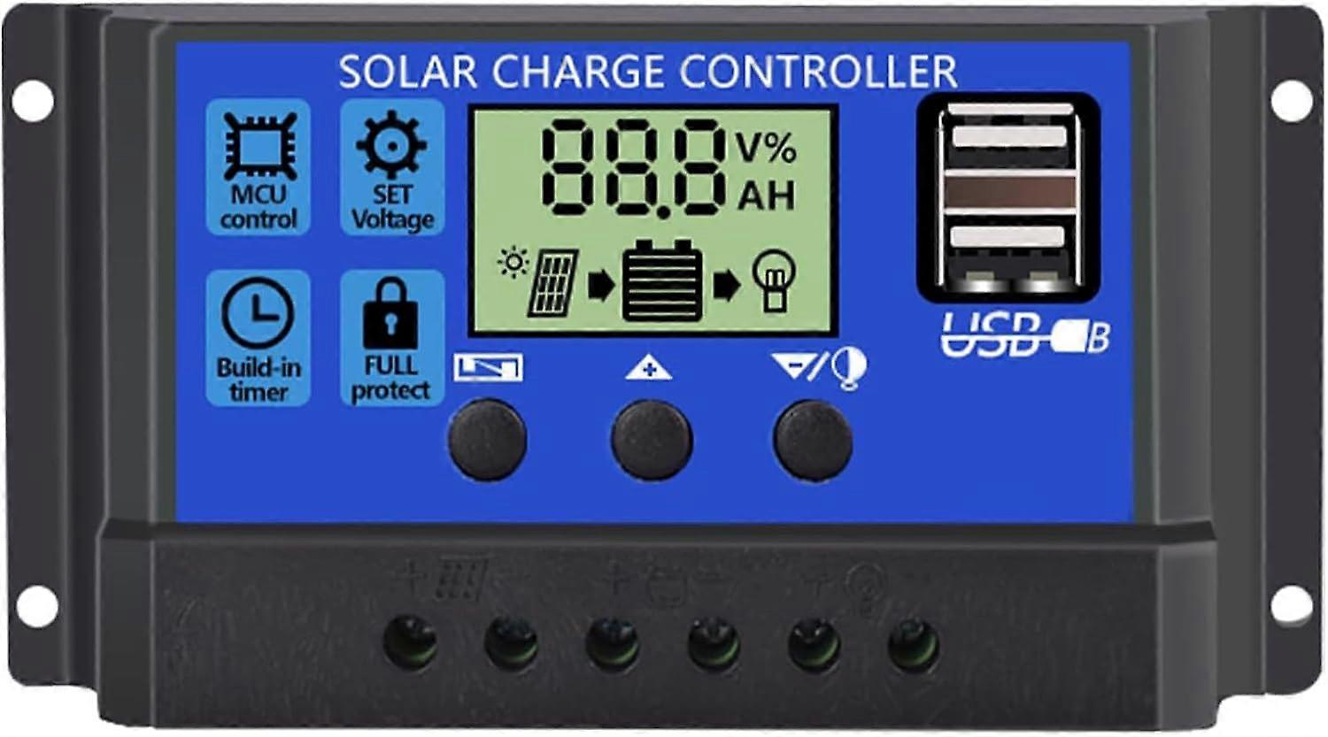 10A Solar Charge Controller PWM Regulator with Adjustable LCD Display Dual USB Ports Timer Function 12V 24V