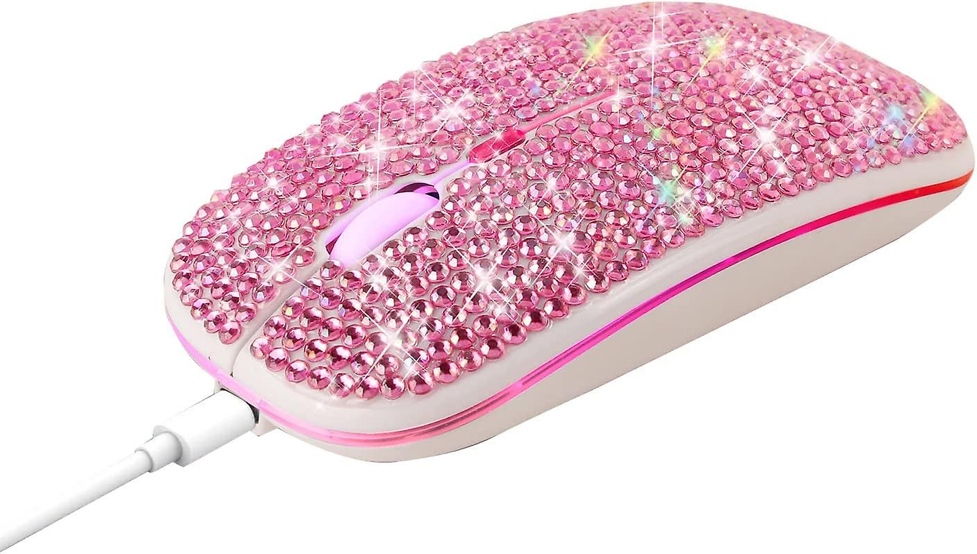 Heytea Pink Bling Dazzling Rechargeable 2.4Ghz+5.2 Bluetooth Wireless Mouse Covered With Crystal Diamond Rhinestone,Rgb Backlit,Great Gift Idea For Her 15M