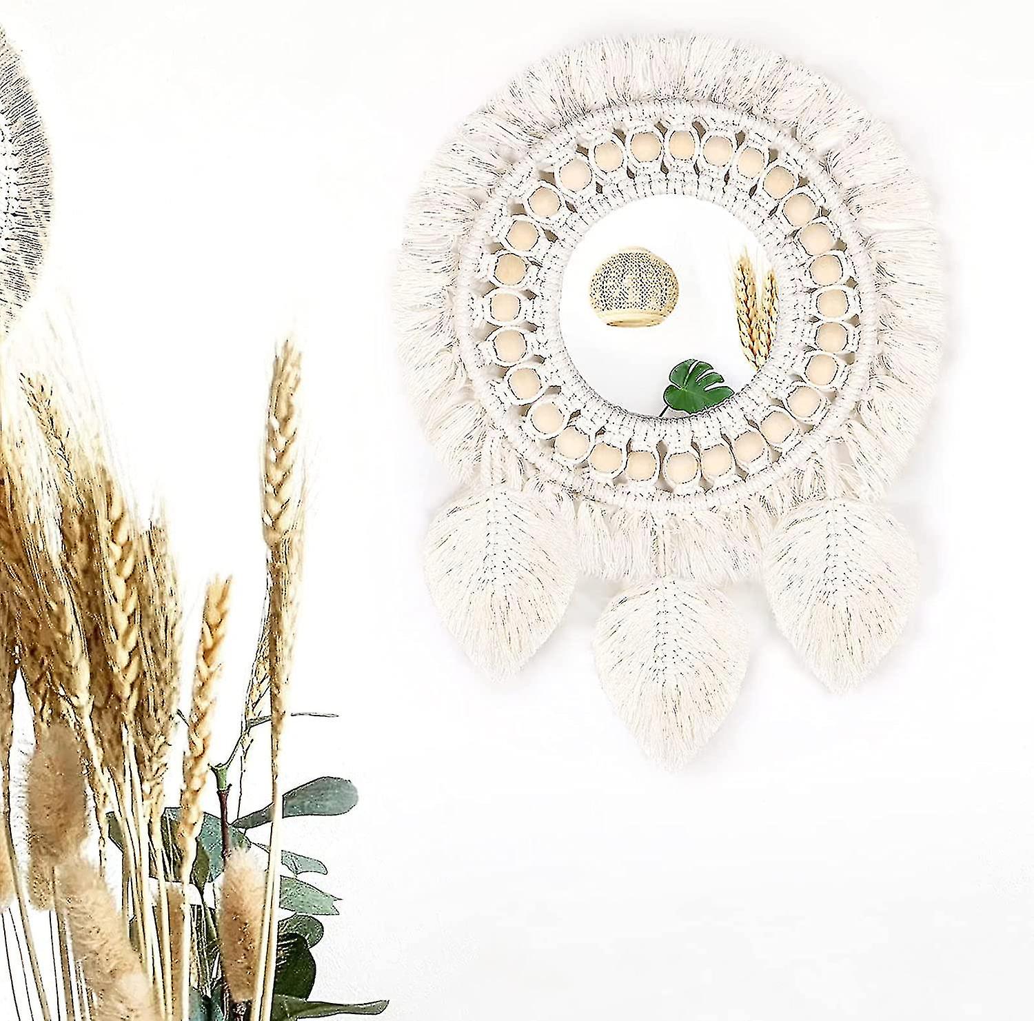 Wall Mirrors, Round Hanging Mirror With Handmade Macrame Fringe, Boho Antique Mirror, Wall Decor, Nordic Mirror, Cotton Rattan Round Mirror, Home Acce