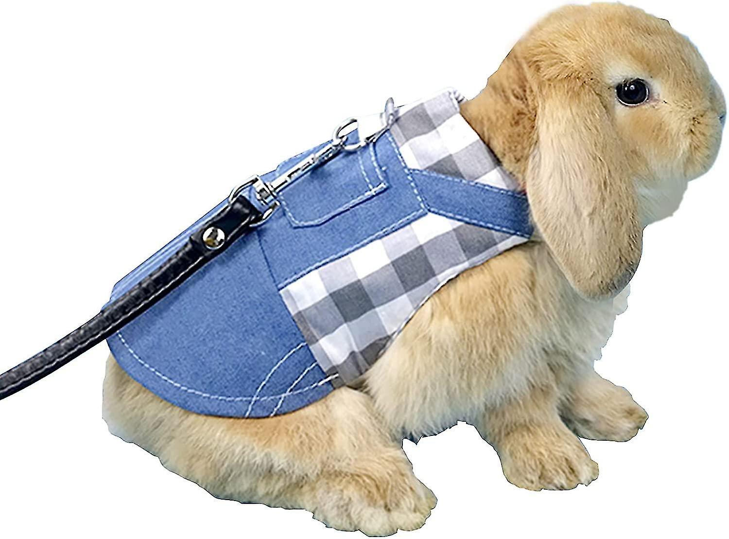 Rabbit Harness And Leash Set, Breathable And Casual Denim Strap With Comfortable Leather Leash 1.25m