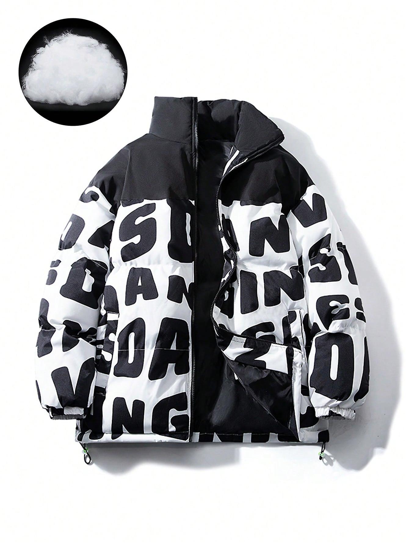 Men Letter Graphic Drawstring Hem Winter Coat