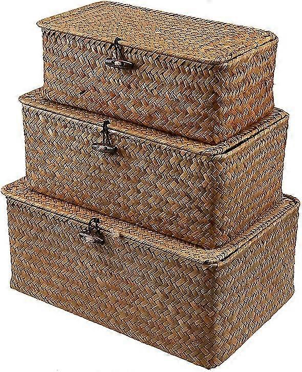3 Pcs Woven Storage Chests With Lid& Button Hand- Woven Rattan Desktop Storage Basket-size S, M, L-YuJia