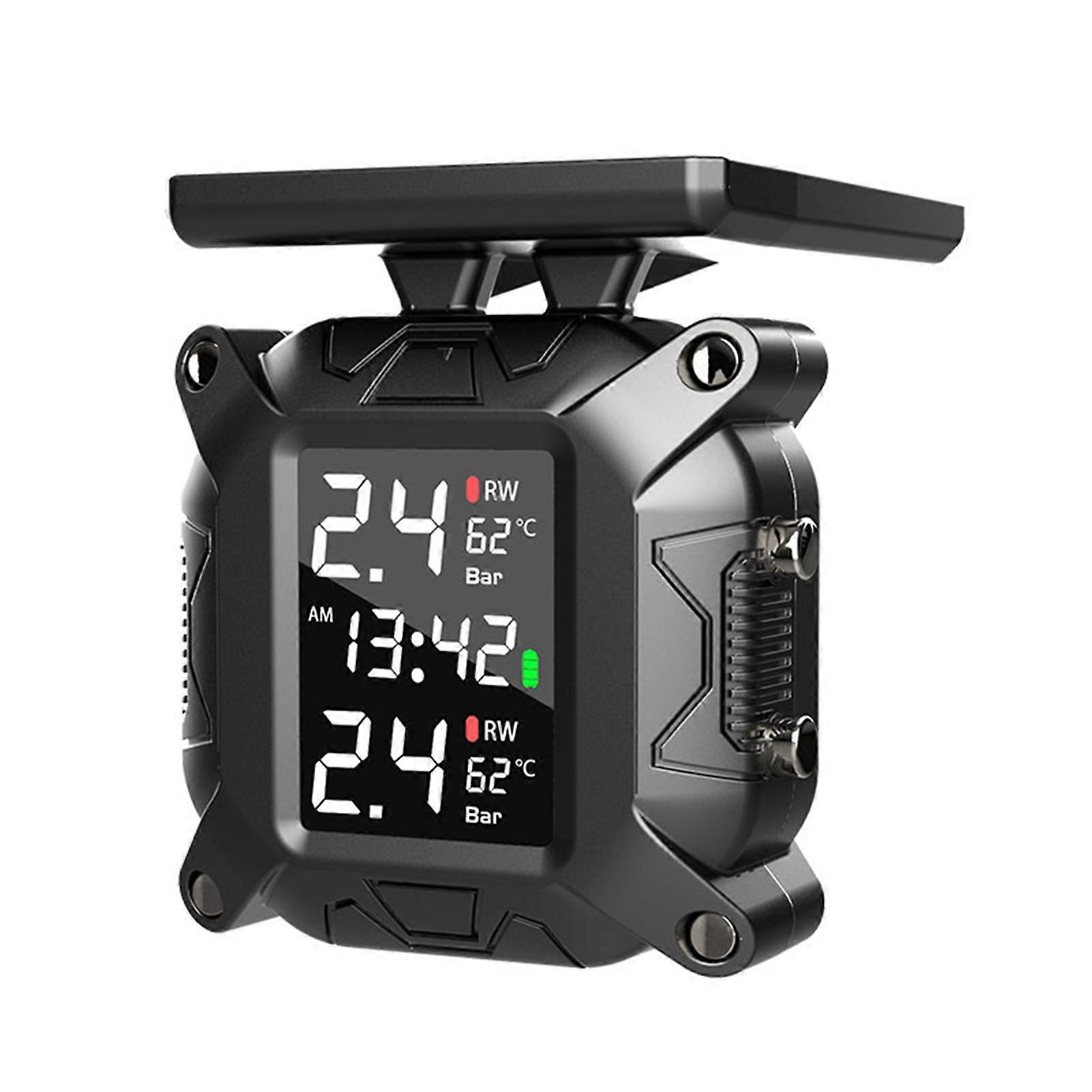 Tire Pressure Monitoring System TPMS for Motorcycles Solar Wireless Charging IP67 Waterproof with 2 External Sensors TPMS Real-time Displays 2 Tires'