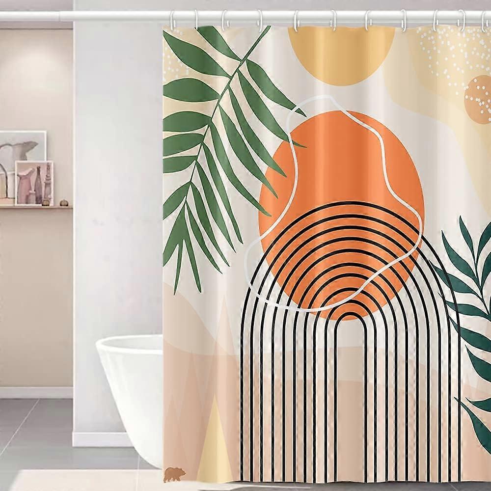 Mid Century Minimalisme Douchegordijn, Groene Palmbladeren Warme Oranje Zon Maan Retro Badkamer Decoratie Gedurfde Zwarte Lijnen Regenboog Waterdichte Stof Sho