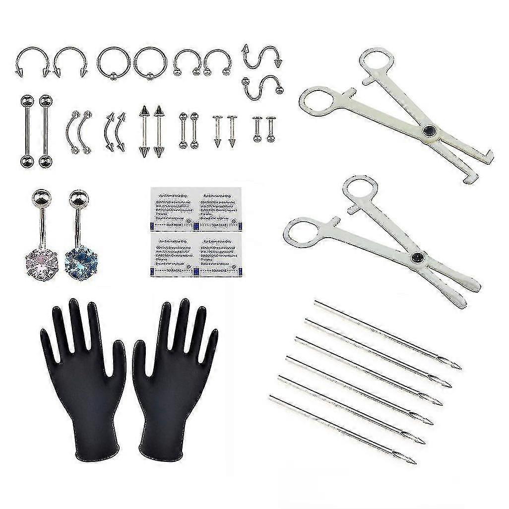 Piercing Set 37 Pieces Pink And Blue Diamond Piercing Set Body Piercing Jewelry Disposable Piercing Tools