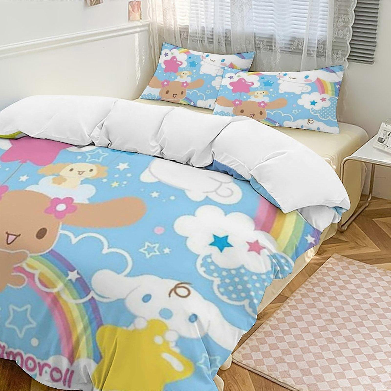 طقم سرير مزدوج من 3 قطع من سينامورول من Zm154 - يتضمن 1 لحاف فردي و 2 غطاء وسادة - ستوكات مقاوم للبهتان - Cinnamoroll Lc154