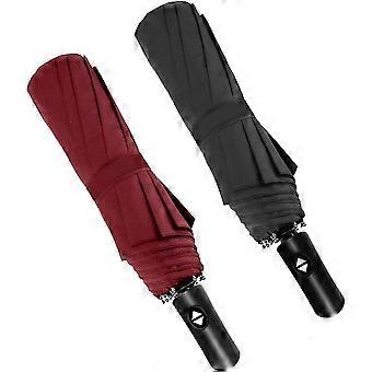 Windproof Travel Compact Umbrella, 8-ribs Anti-uv Waterproof Folding Umbrella -one Button For Auto Open And Close- Black & Wine Red