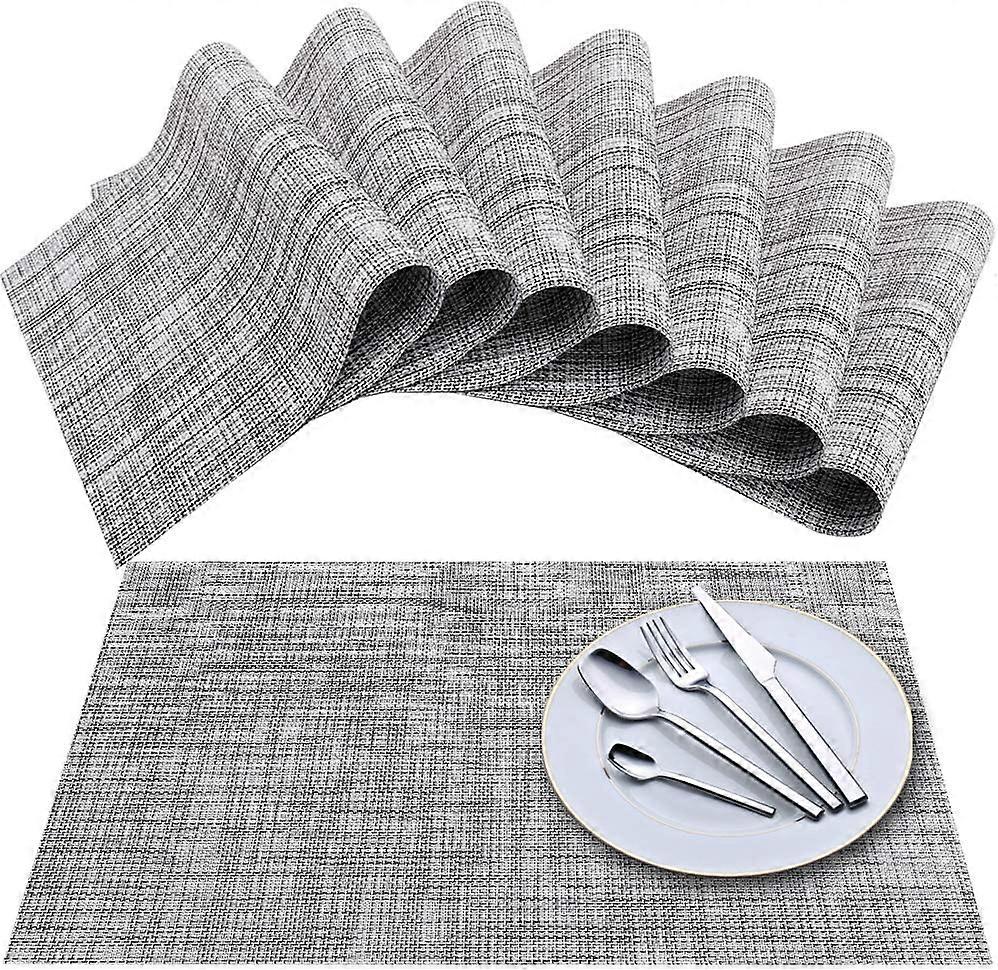 Placemat Set of 8Grey White, Cross Weave Vinyl Woven Table Mats, Non-Slip Insulated Washable Table Mat Set