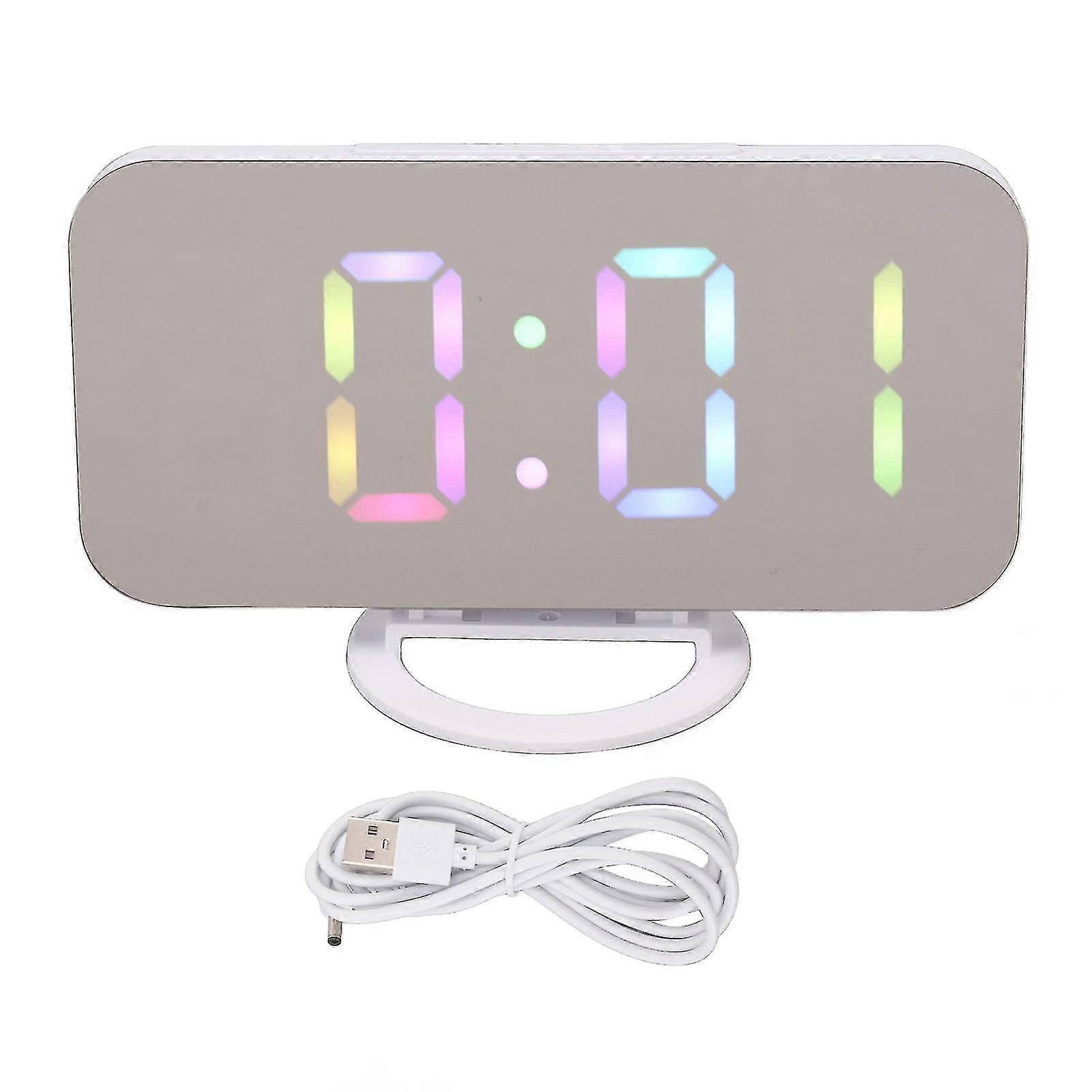 LED Mirror Digital Alarm Clock with Dual USB Ports - Large Colorful RGB Display, Adjustable Brightness (White)
