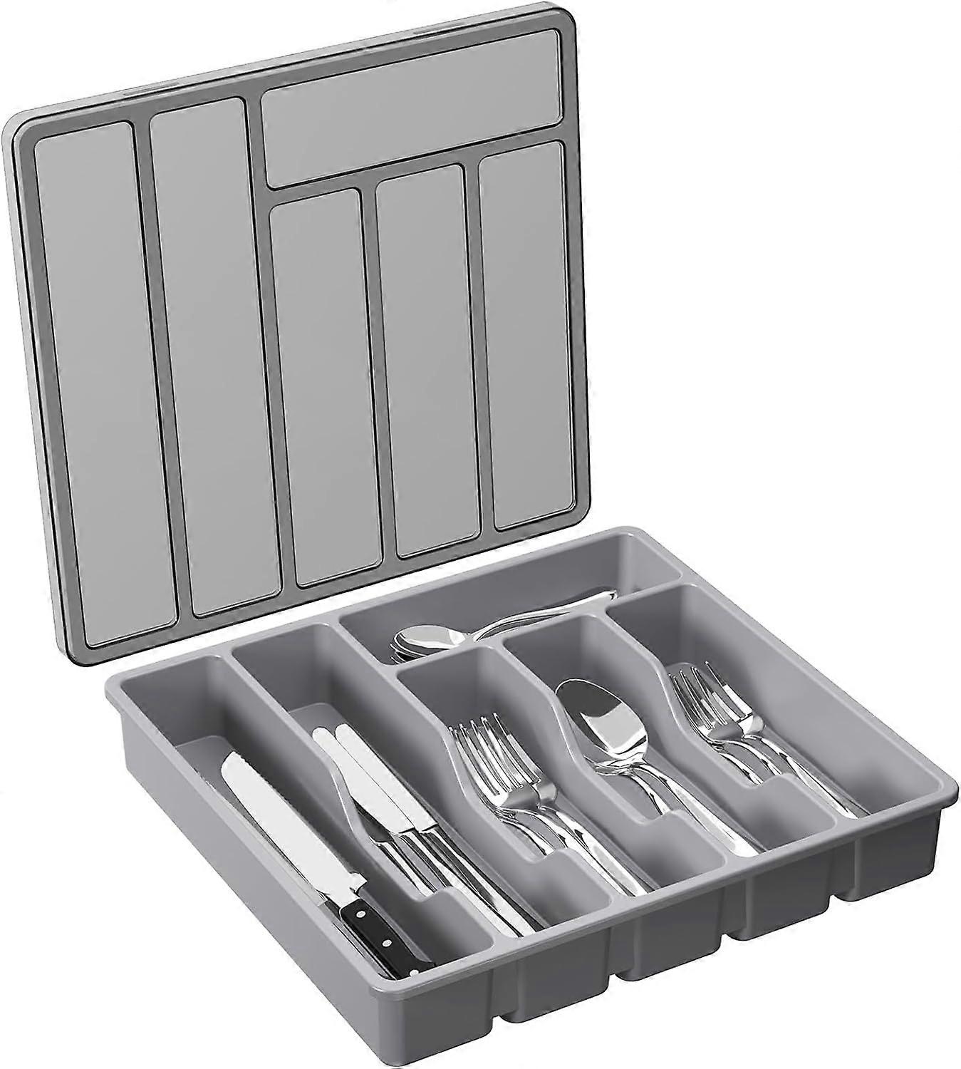 Silverware Organizer with Lid, Covered Utensil Tray for Kitchen Drawer and Countertop, Plastic Cutlery and Flatware Storage Box for Spoons Forks Knive