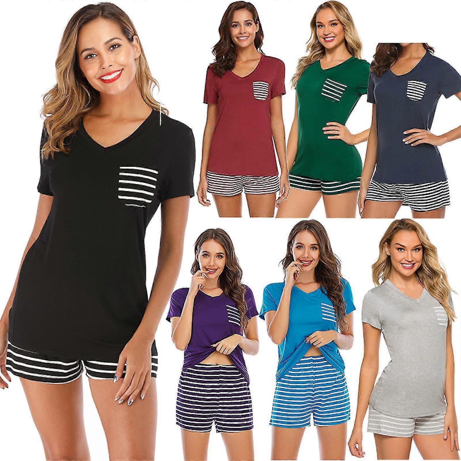 Kadın Pijama Takımları V Yaka Yumuşak Loungewear Yaz Pjs Set Pamuklu Kısa Kollu Pijama Cepli S-xxl -gsl