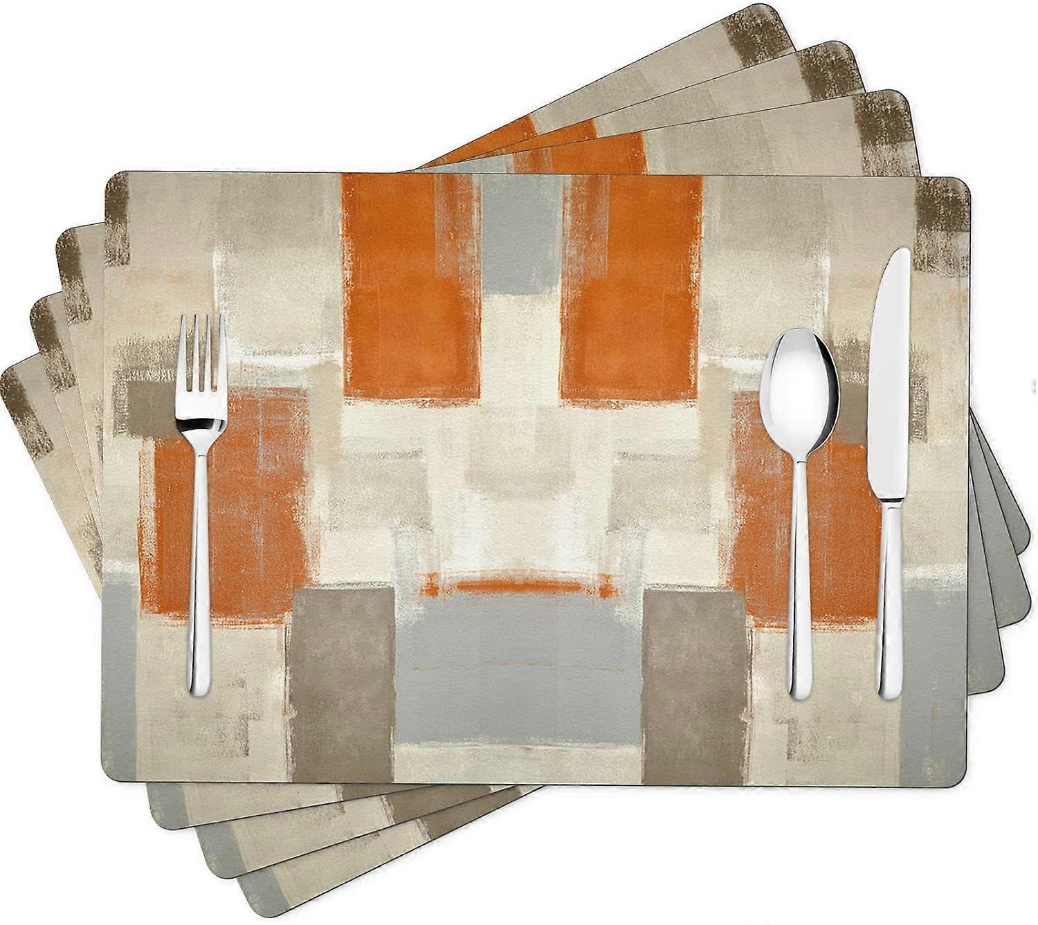 Impression d’art moderne Sets de table lavables - Orange et gris Abstrait simili cuir résistant à la chaleur Imperméable à l’eau Essuyable Antidérapant Réutilisable Set de table pour la cuisine