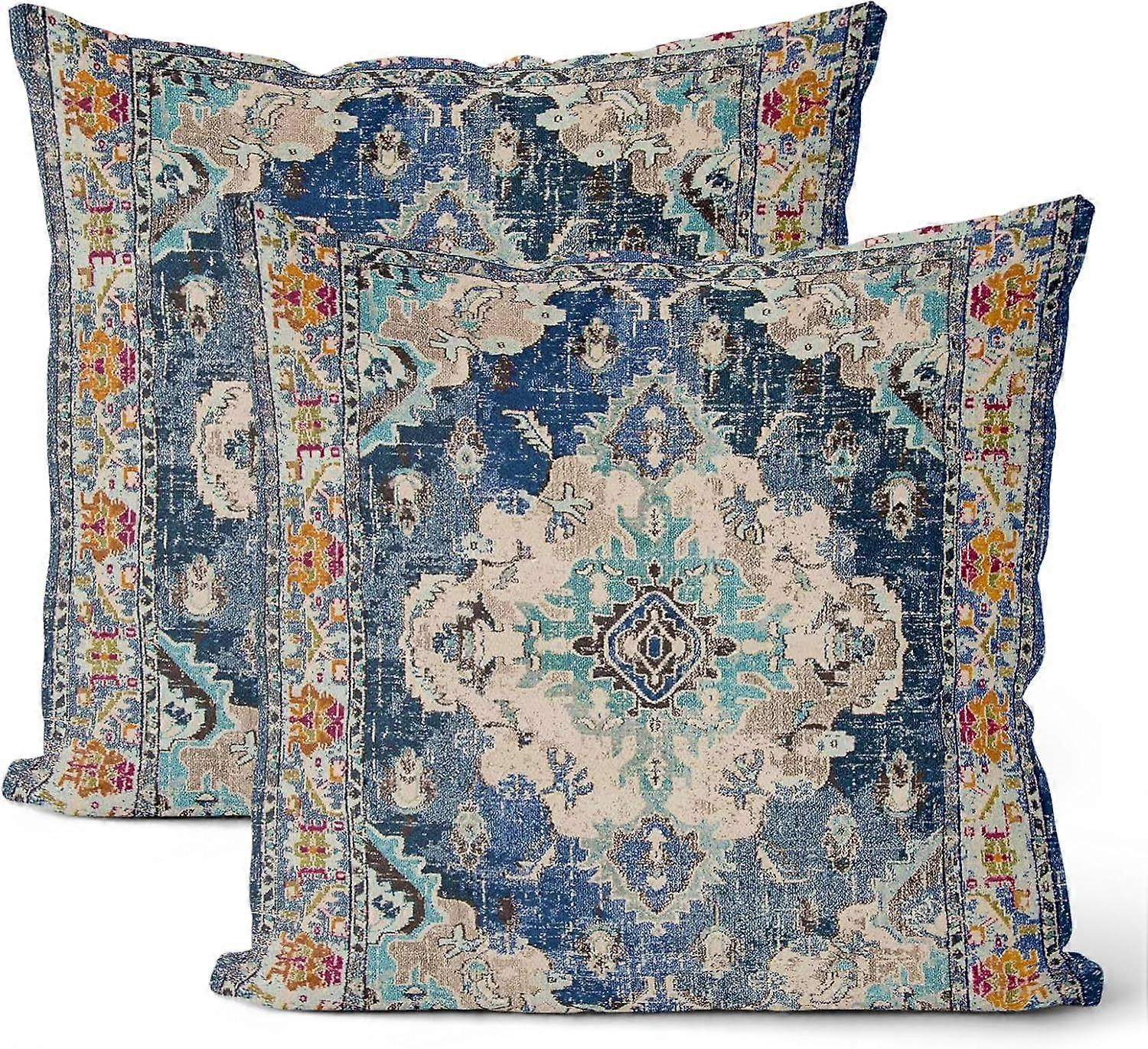 Boho Pillow Covers 18x18 Set of 2, Navy Blue Persian Carpet Boho Throw Pillow Covers Linen Farmhouse Vintage Monaco Rug Decor Cushion Case Boho Home d