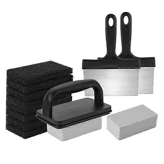 1 Set BBQ Griddle Cleaning Tool Kit with Handle Scraper Scouring Pad Pumice Stone Brush Multifunctional Barbecue Flat Top Grill Cleaner Kit
