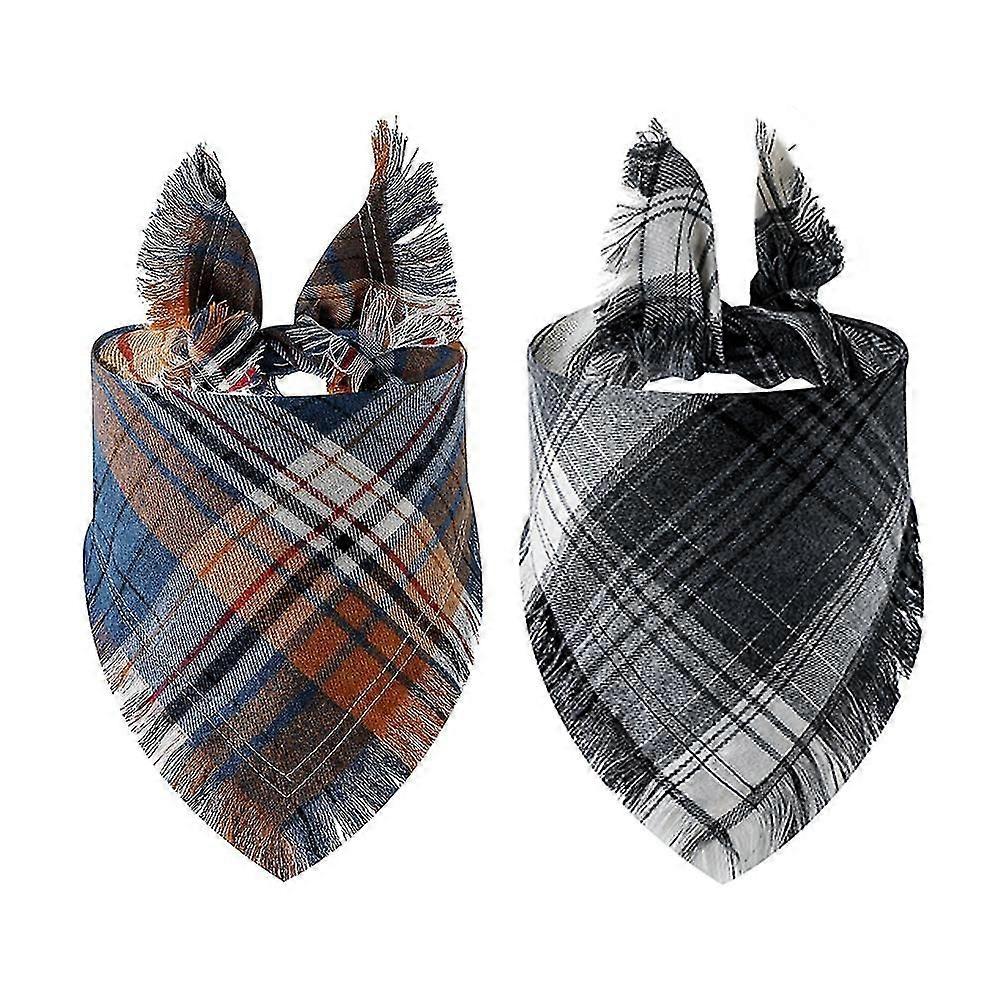 Plaid Dog Bandanas, 2 Pcs Reversible Triangle Dog Scarf With Tassels Edges,3400