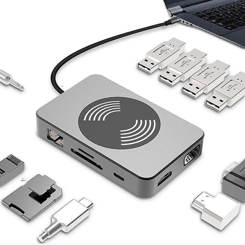 12-In-1 15w Usb-c Wireless Charging Hub Docking Station Adapter With 4k Hdmi Display 1080p Vga 2 * 87w Usb-c Pd3.0 Power Delivery