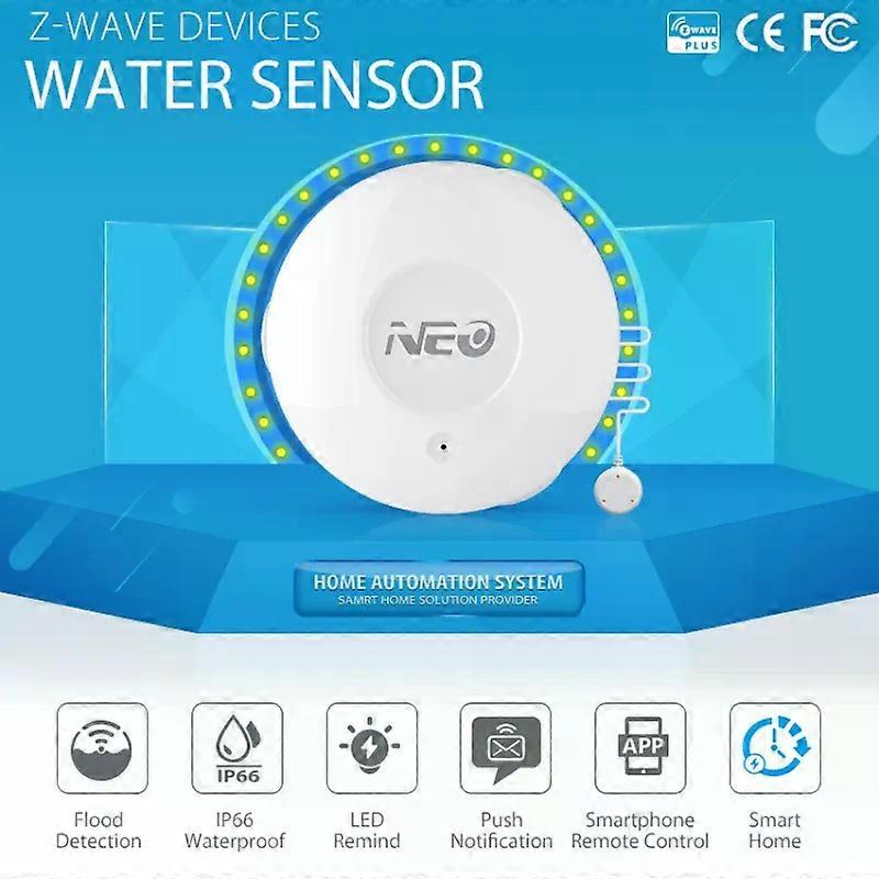 Smart Water Leak Alarm Sensor Compact Lightweight Z Wave Plus White With Remote Probe Water Resistant Water Flood Leakage Sensor