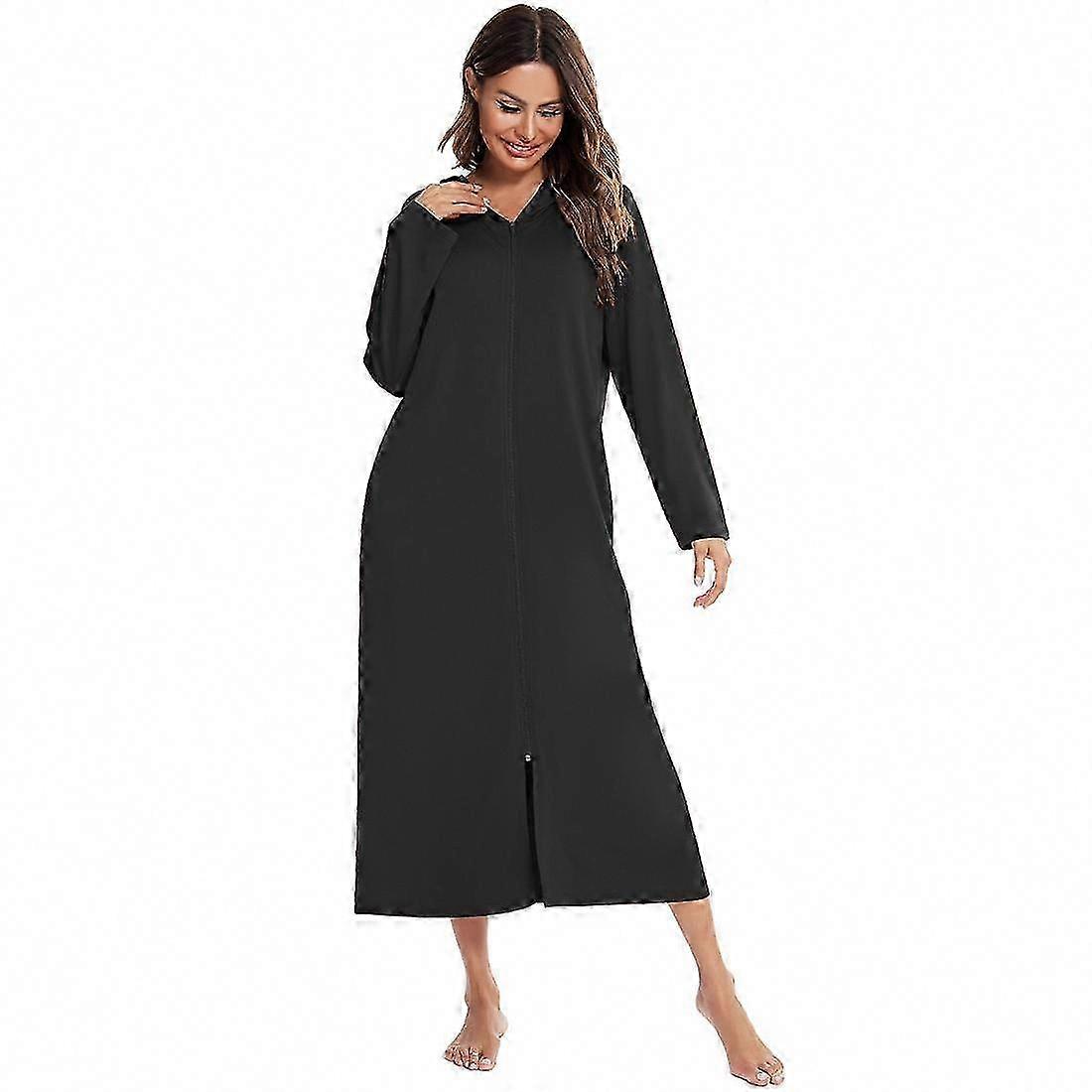 Peignoir souple pour femme en tricot de coton à manches longues avec fermeture éclair et capuche pour les vêtements de détente
