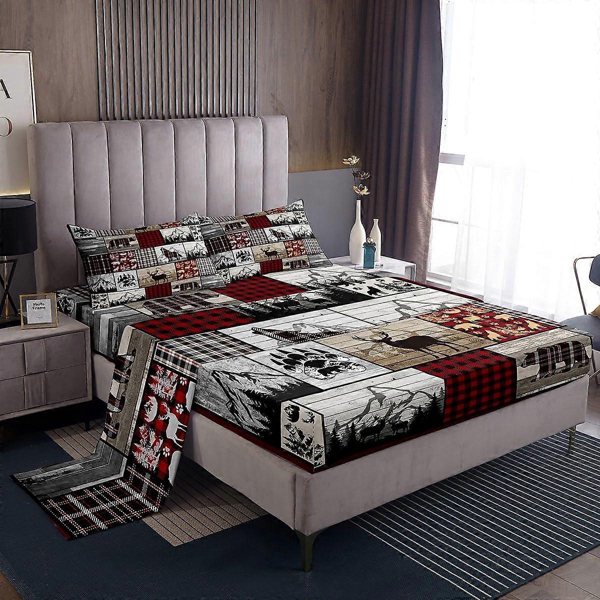 Plaid Deer Elk Bear Wolf Sheet Set Rustic Cabin Farm Forest Theme Deep Pocket Fitted Full Size Bedding Set