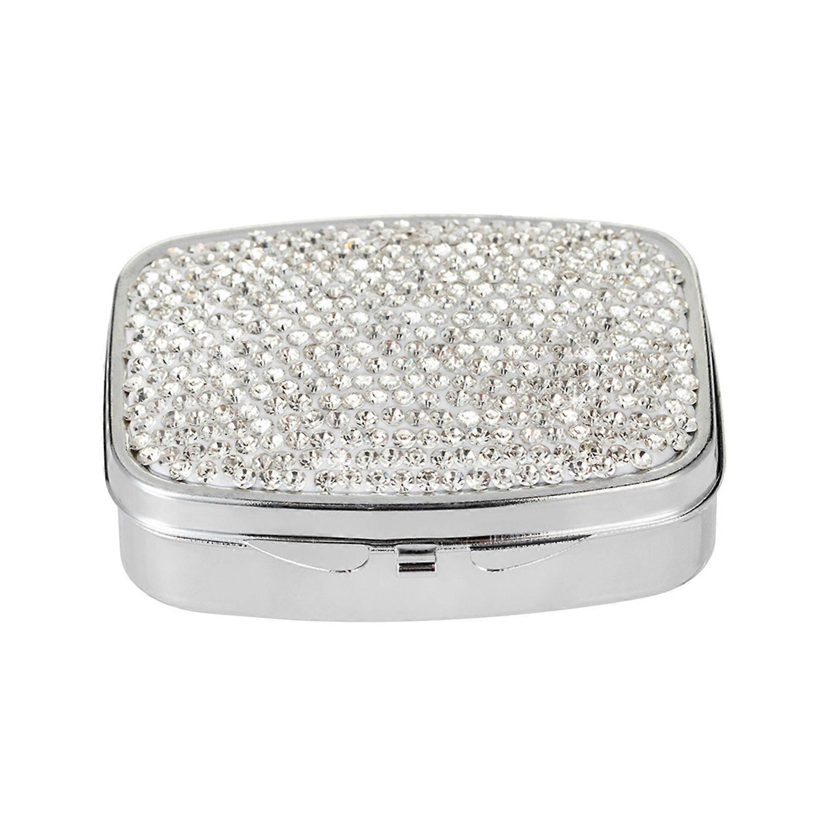Stylish Sparkling Pills Box with 2 Compartments Elegant Diamonds Inlayed Pills Box Medicine Storage Case for Pocket or White