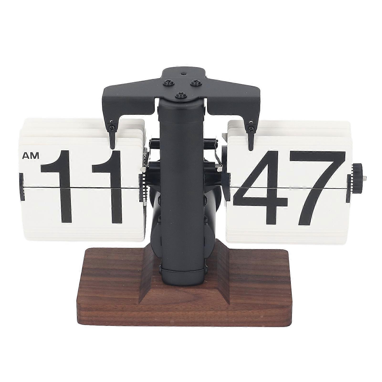 Digital Desk 12 Hours Single Sided Battery Powered Retro Mechanical Auto Flip Down Clock with Wood Base for Living Room Office