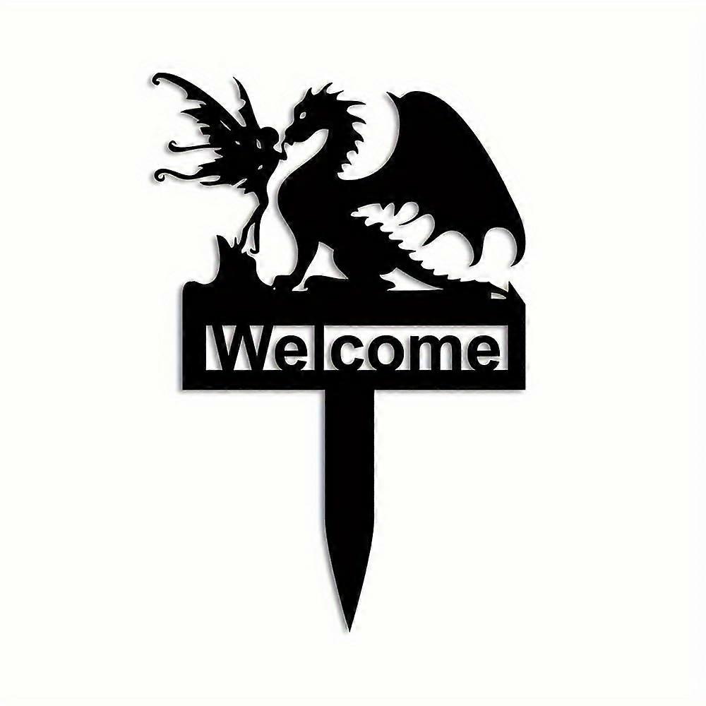 Metal Welcome Stake Garden Sign with Cute Fairy Dragon Design, Durable Outdoor Yard Art, Lawn Ornaments for Garden Decor