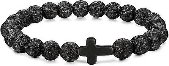 Black natural stone cross frosted bracelet, men's beaded elastic wrist rope stretching relaxation yoga retro Christian prayer baptism gift jewelry