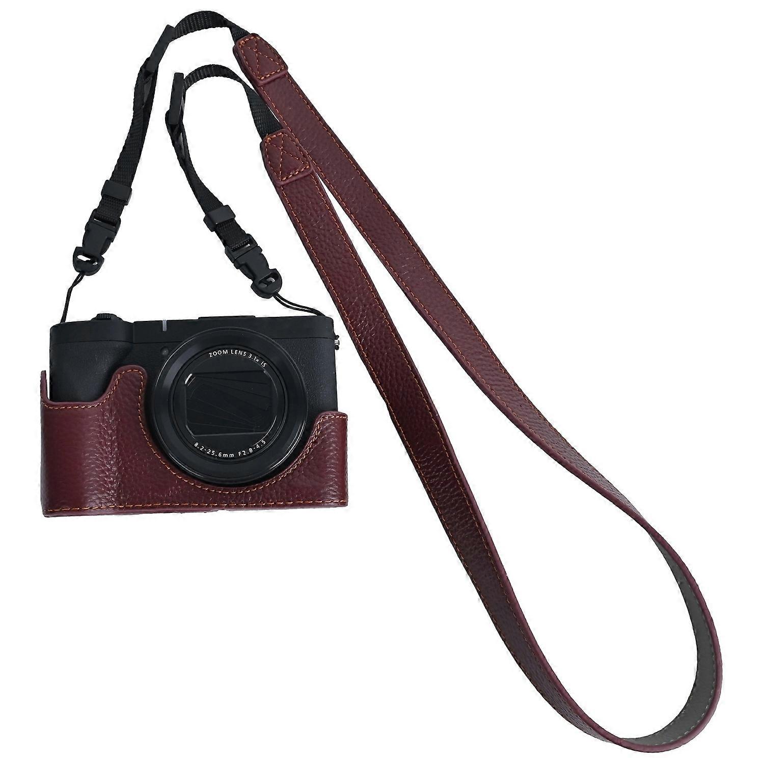 For Canon PowerShot V1 Camera Case Genuine Cow Leather Protective Cover with Shoulder Strap - Coffee