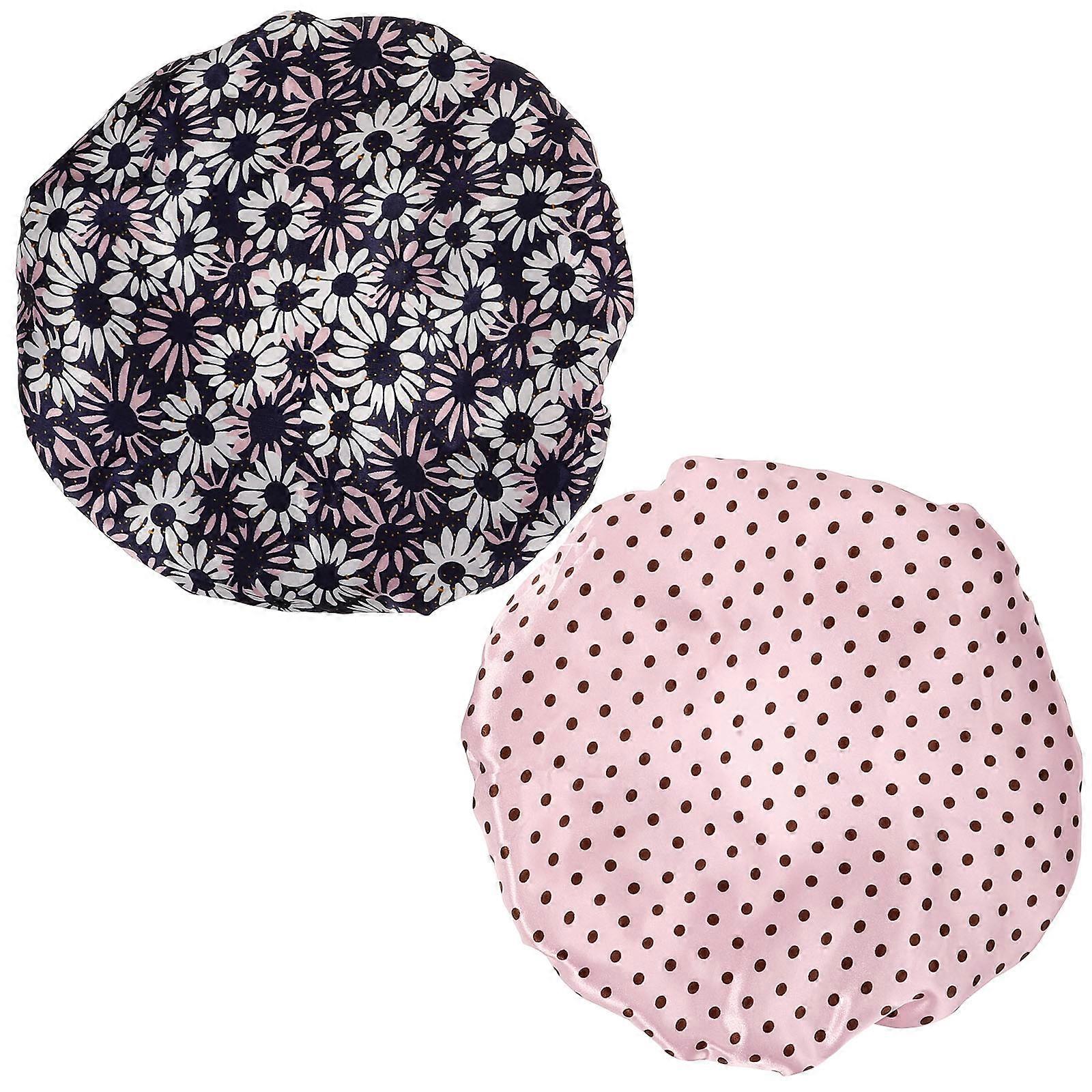 2pcs Double Layer Elastic Shower Caps for Women with Flower Print Reusable Bathing Hats for Hair Protection at Spa or Home