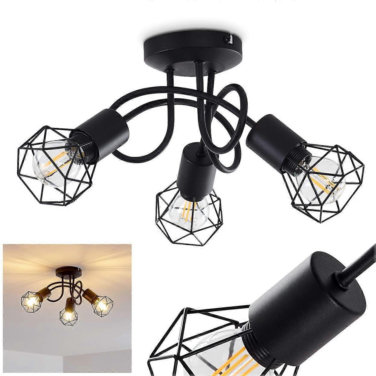 Ceiling Lamp Baripada, Black Metal 3-Light Fixture, E14 Socket Max 40W, Vintage Retro Design with Lattice Look