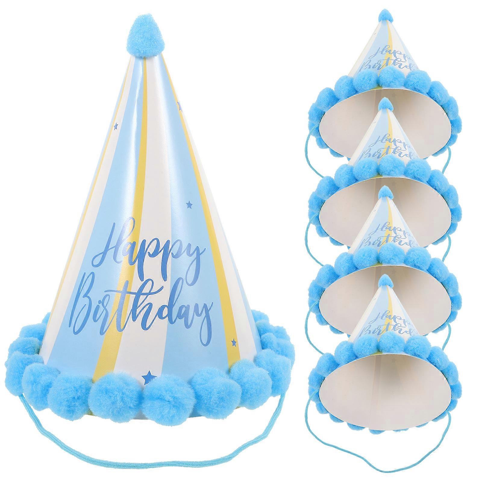 Kids Party Paper Headwear Light Blue Cone Shape Pompon Hats Shiny Surface Birthday Party Hat Decorations 5Set