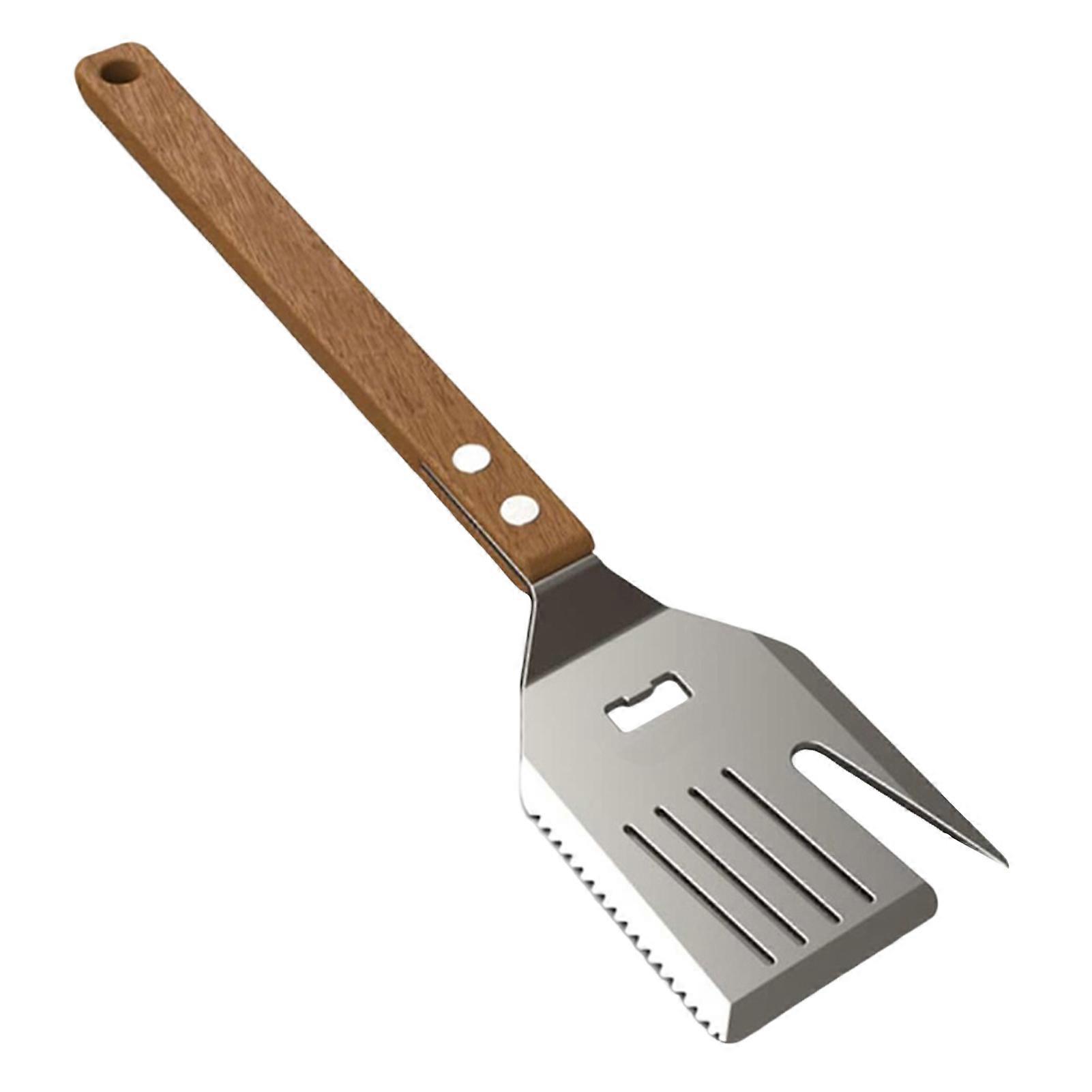 5 in 1 Grilling Tools Long BBQ Spatula with Wooden Handle for Flipping Cutting