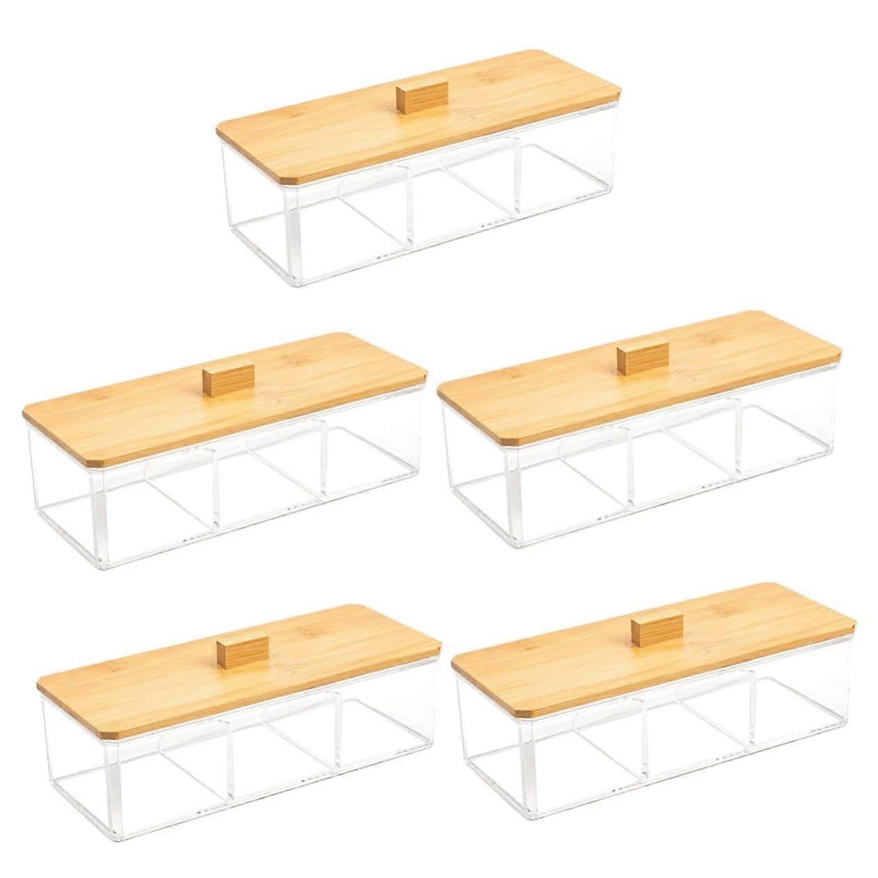 Pack of 5 Storage Boxes with Bamboo Lid, Cotton Pad Holder, Acrylic Dispenser, Reusable Containers, Transparent Design
