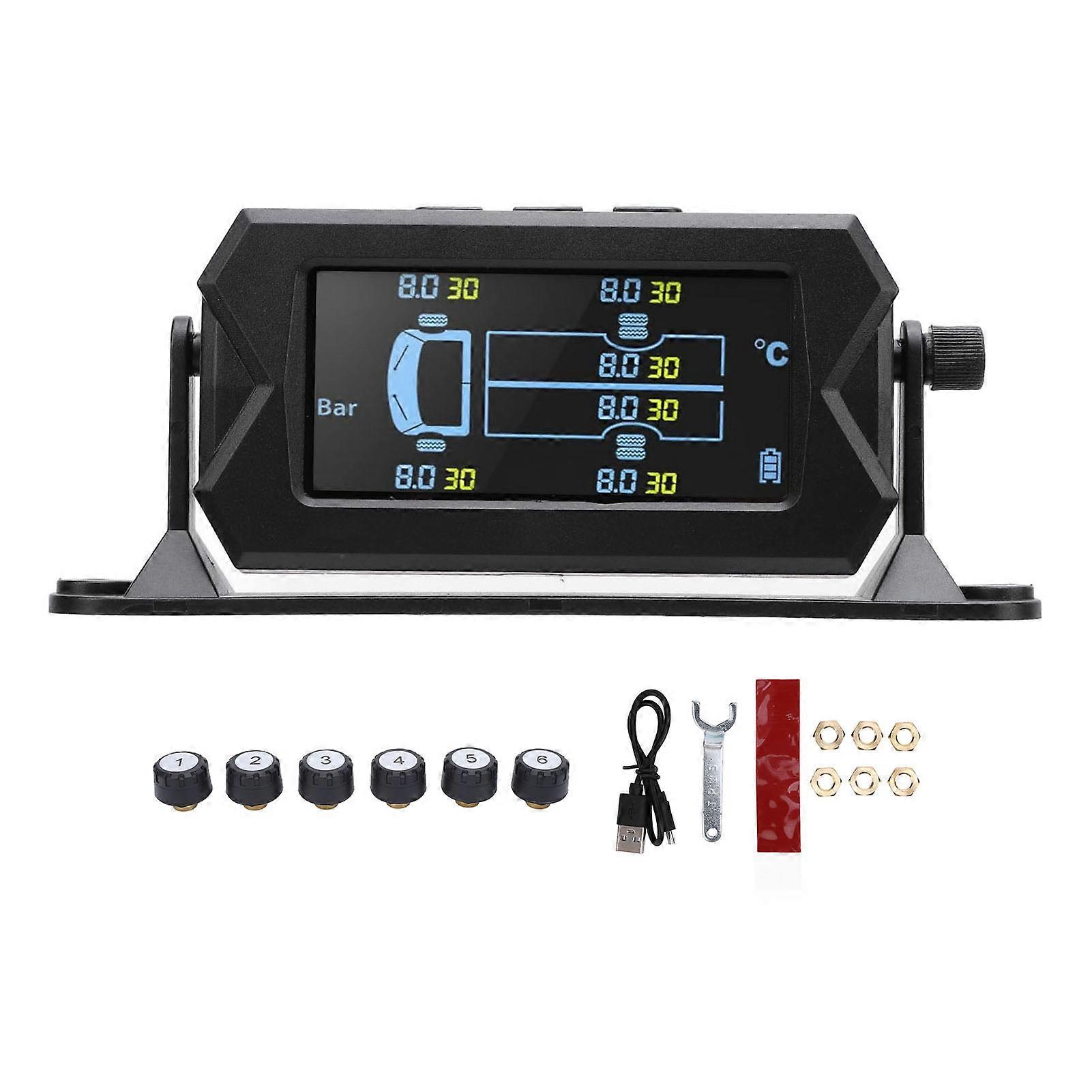 Tyre Pressure Monitoring System TPMS Wireless Display 6 Sensors Real-Time Monitoring Pressure and Temperature 180° Adjustable Waterproof for Cars RV