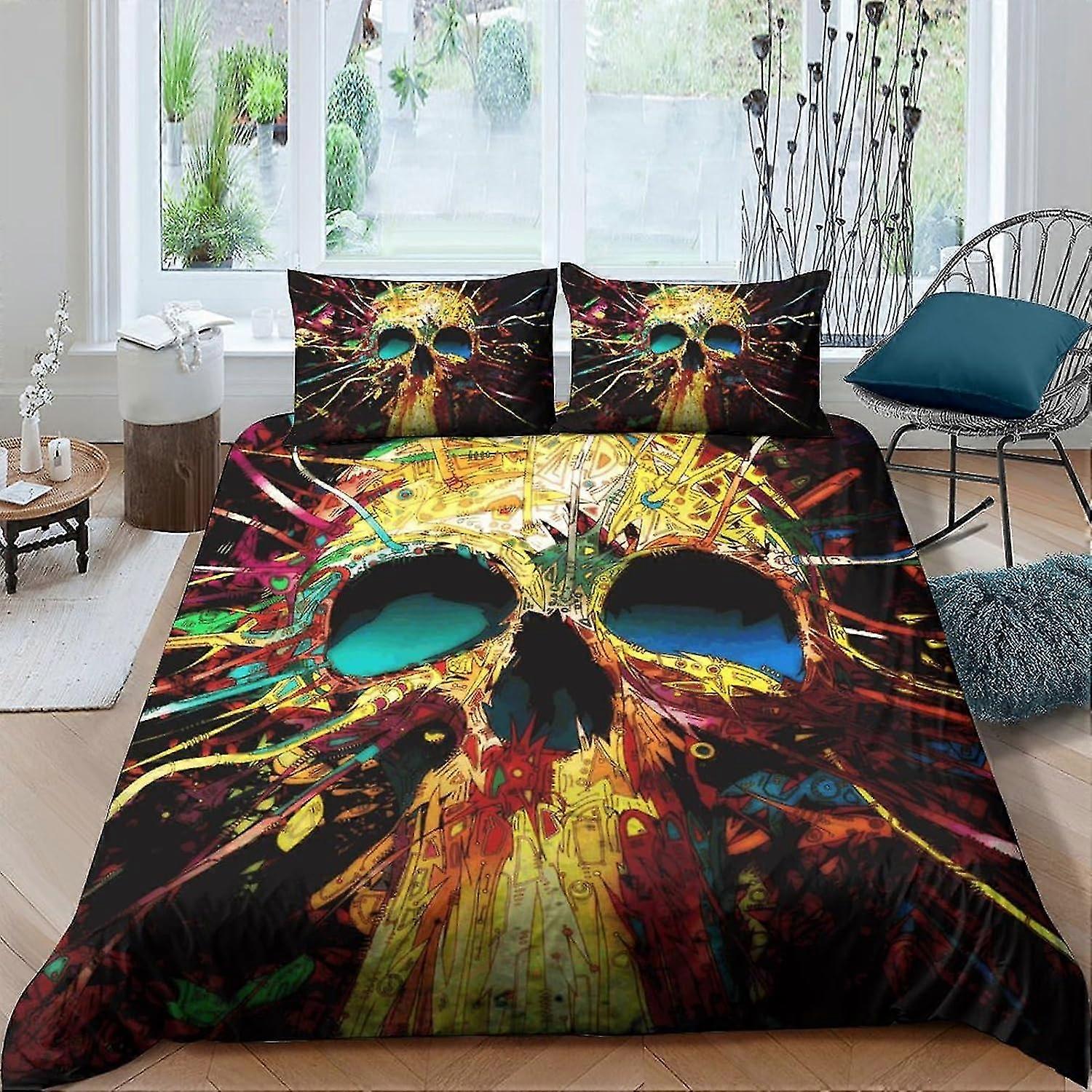Skull3D Bedding Print Set Soft Microfiber Duvet Cover with Pillowcases for Kids Teens Adults Darkly Skull Design