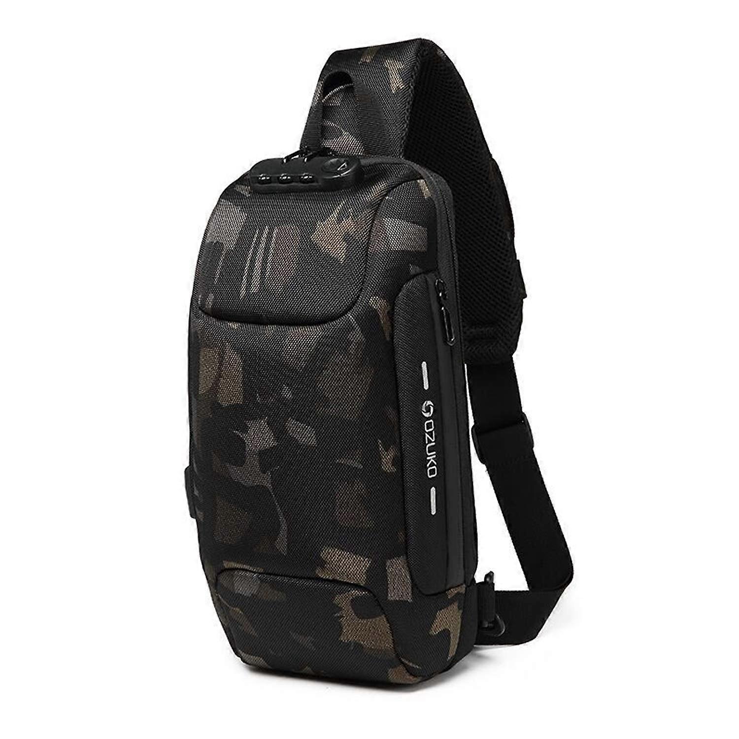 Men's Shoulder Bag with Password Lock, USB, Reflective Stripes, Waterproof Polyester, Camo