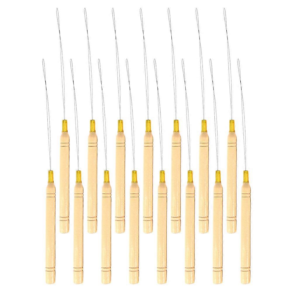 Hair Extension Loop Needle with Wooden Handle for DIY Micro Ring Hair Extensions 15 Pieces