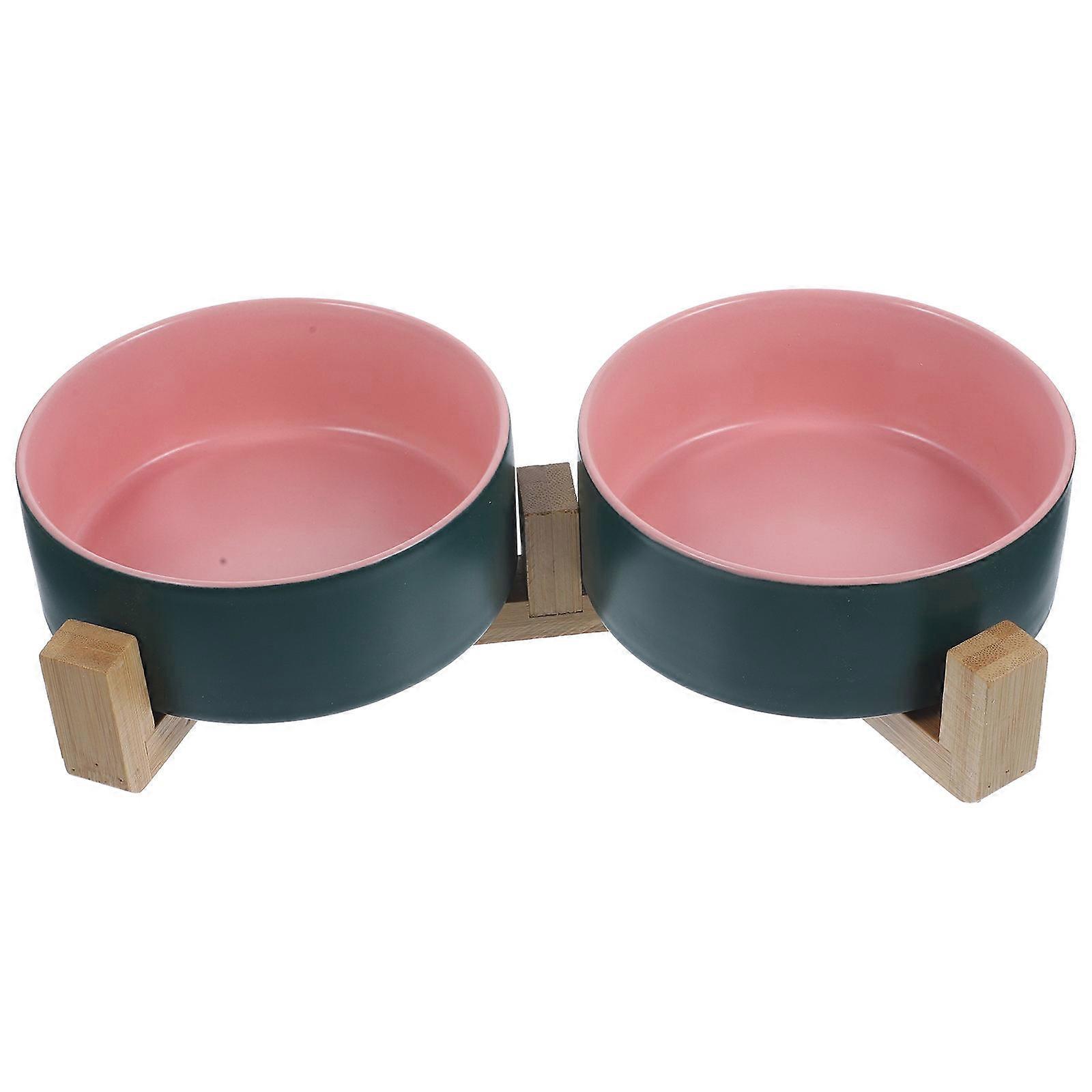 Ceramic and Wood Cat Bowl with Stand for Pet Use Large Capacity and User Friendly Design