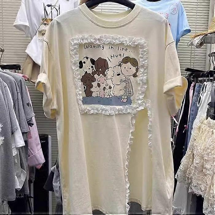 Women's Plus Size Cartoon Print Lace Splicing Open Summer Loose Meat Mask Slimming T Shirt