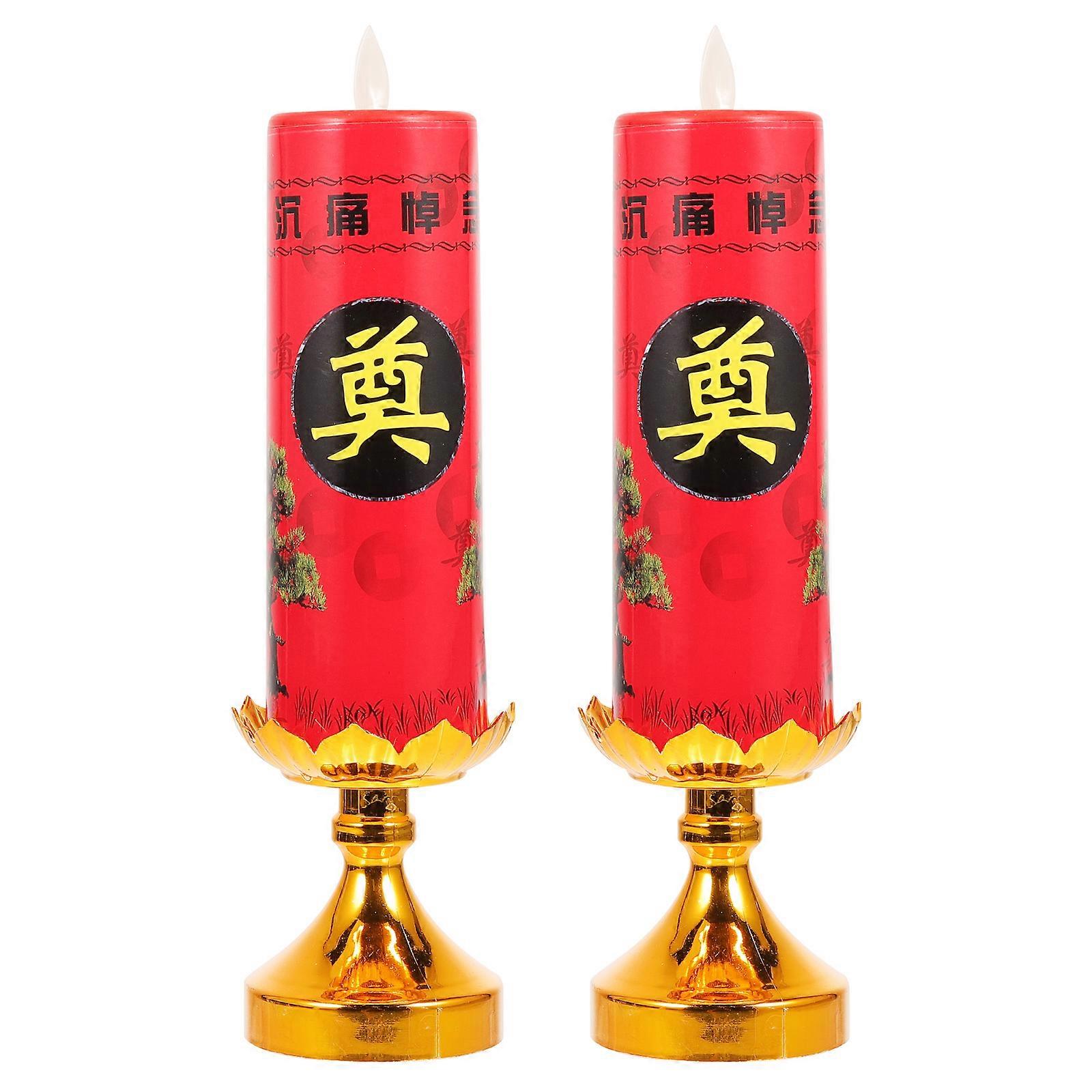 Retro LED Candle Light Decor with Chinese Design for Funeral Altar Setup Red Plastic 2 pcs