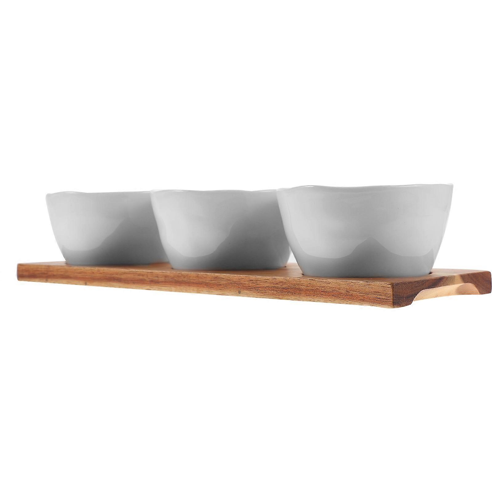 Ceramic Snack Dish with Wood Tray for Home Use White Color Small Food Tray 7.8x5.9 Inches