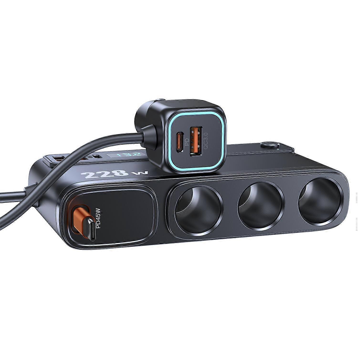 3 Socket Auto Socket Lighter Splitter 9 In 1 Car Charger Adapter with PD3.0*2+QC Quick Charge,228W 12V/20V Independent Switches DC for All Car