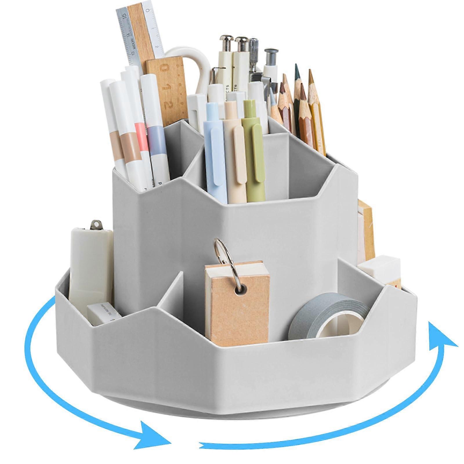 Desk Organiser 360 Degree Rotating Pen Holder with 9 Compartments, Gray Multifunctional Storage for Office and Makeup Brushes