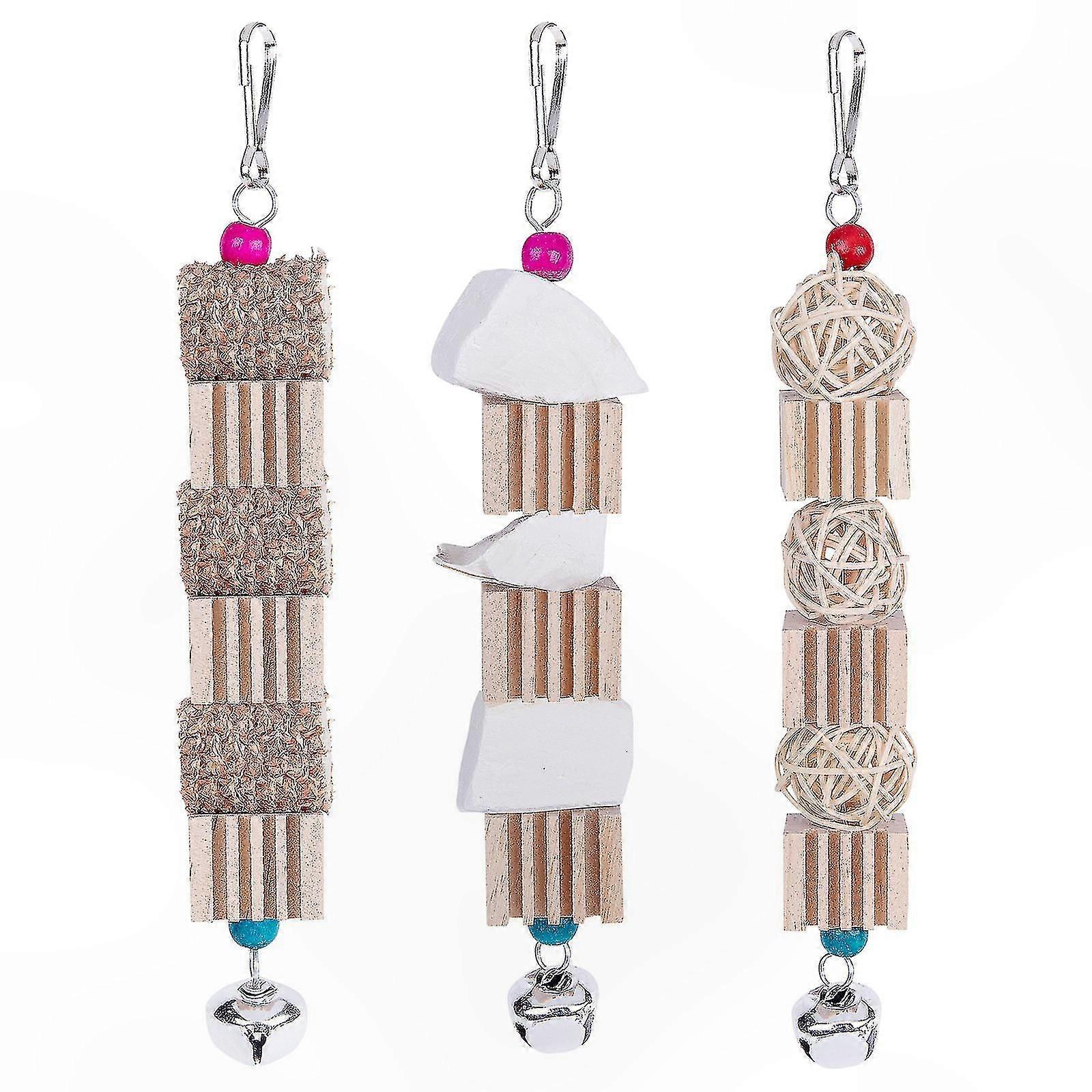 3-Pack Natural Wooden Chewing Blocks for Conures and Parakeets, Safe and Durable Bird Toys