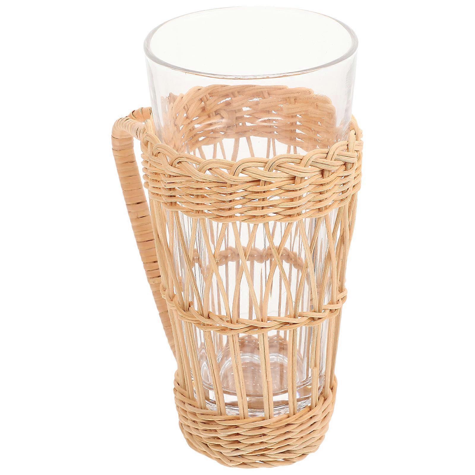 Beige Glass Drinking Cup with Woven Rattan Sleeve HeatResistant for Home Use 16 oz