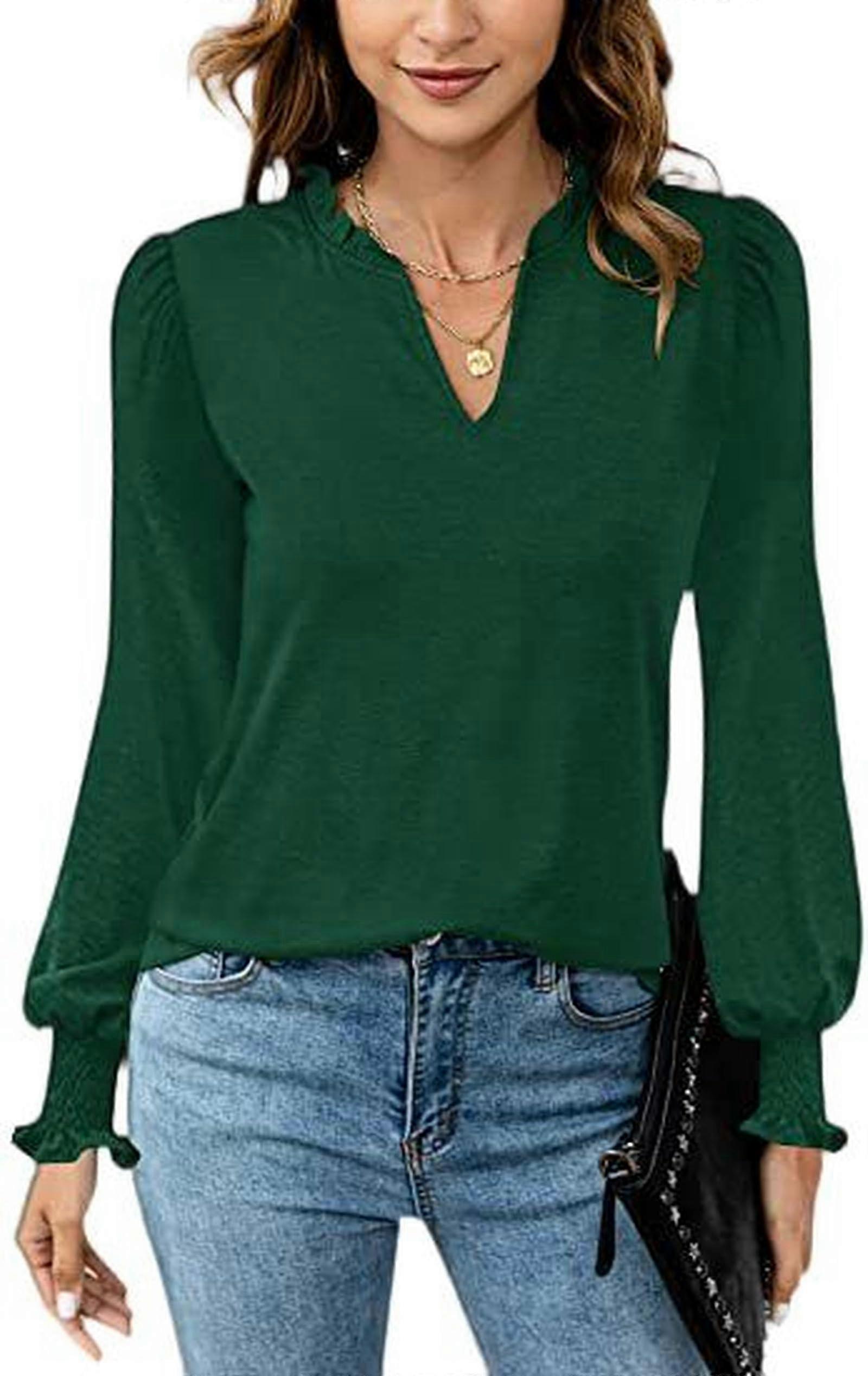 Women's VNeck Pleated Puff Sleeve Casual LongSleeved TShirt Dark Green Color Size L