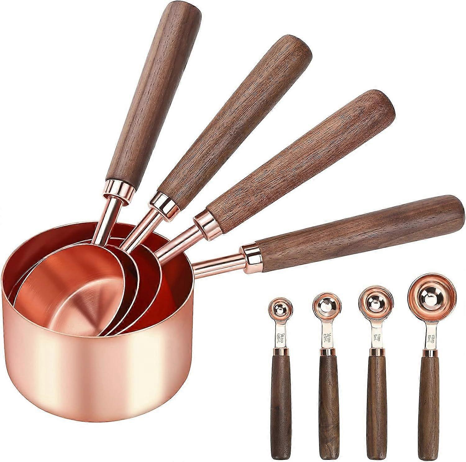 Stainless Steel Measuring Cup with Walnut Handle for Measuring Baking Set of 4 Rose Gold Set of 8(Brown)