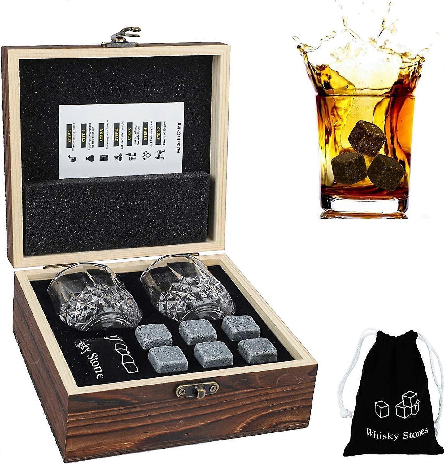 Whisky Stones 6PCS with Glass Gift Set, Natural Granite Reusable Ice Cubes in Wooden Box, Compatible with Bourbon Cognac Scotch Wine Gin