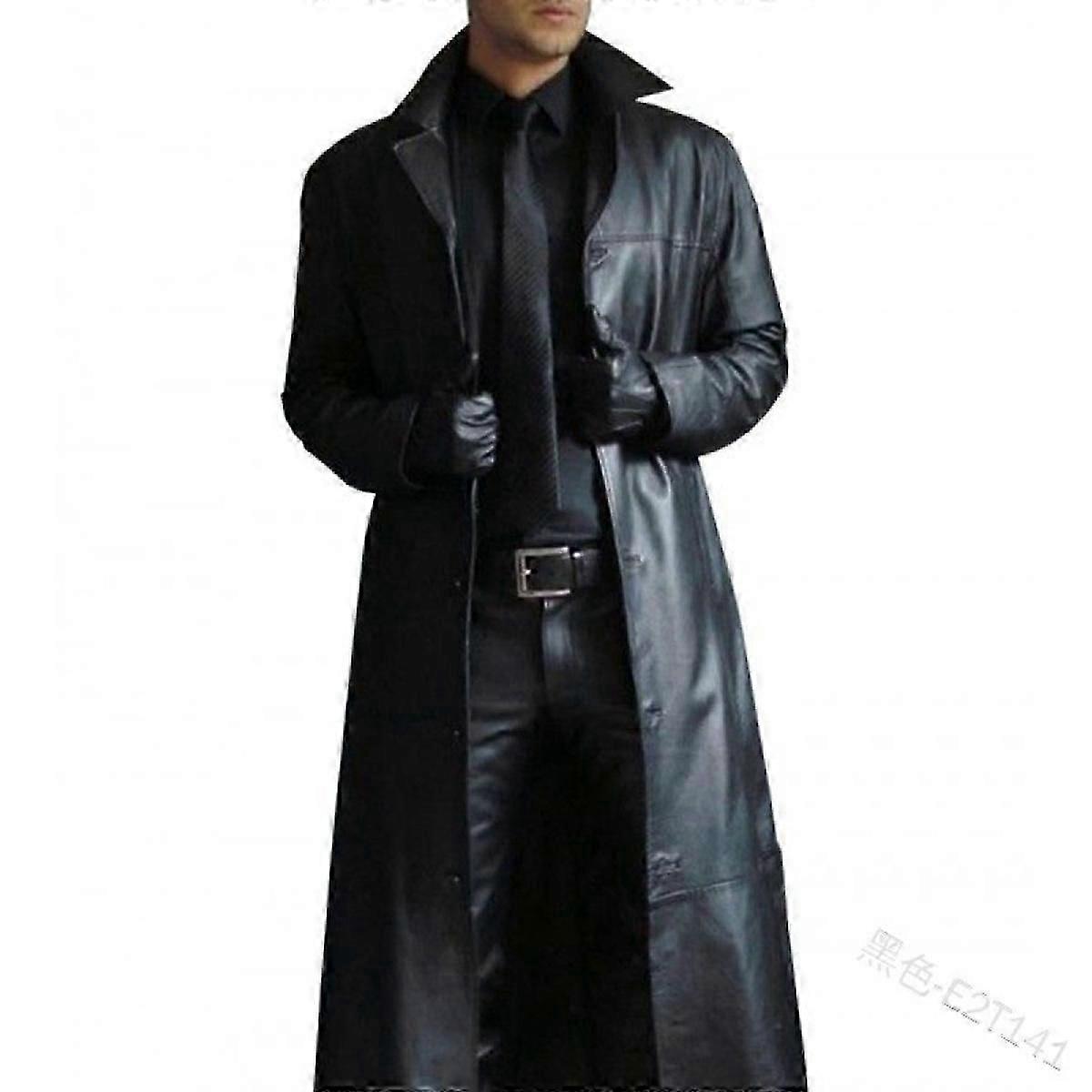 Men's Solid Color Slim Fit Extra Long Leather Coat
