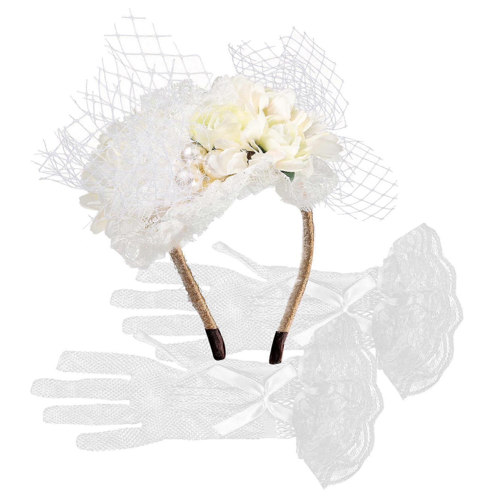 Bridal Fascinator Hat with Lace Gloves for Wedding and Banquet 2Sets